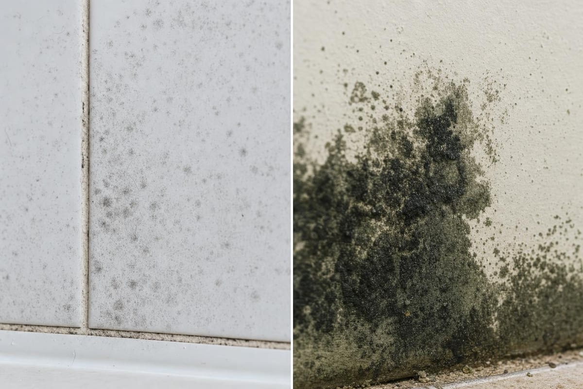Side-by-side comparison image of black mold vs mildew: flat powdery gray mildew on bathroom tile (left) versus dark greenish-black mold growing into drywall (right)