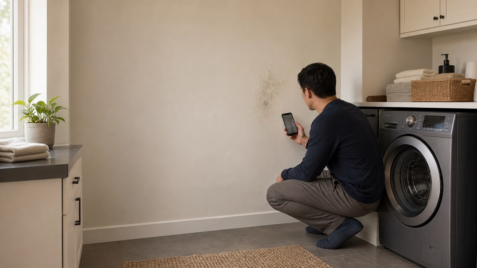 Homeowner examines a discolored wall beside a washing machine