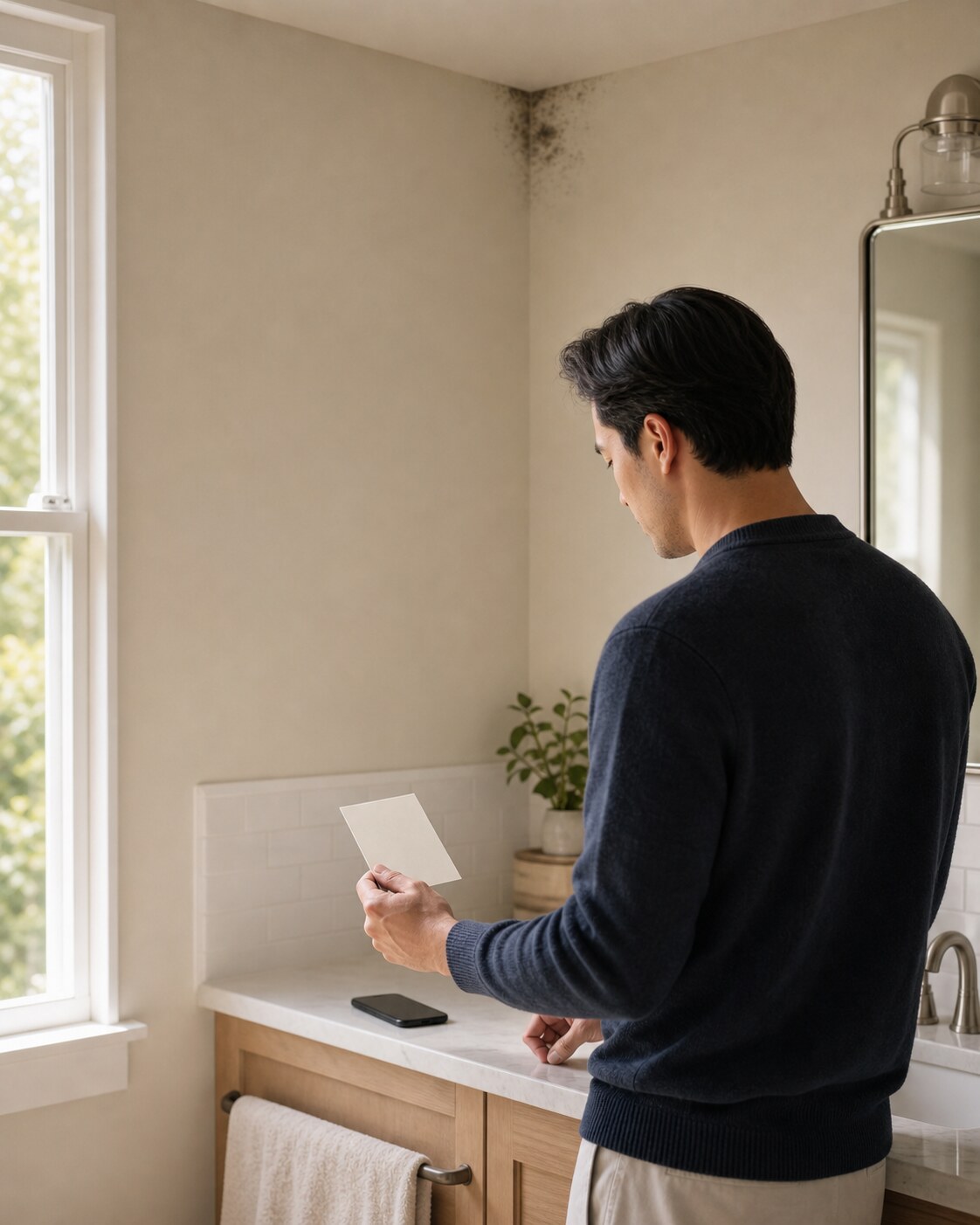 Homeowner reviews notes beside a bathroom window after documenting a mold concern