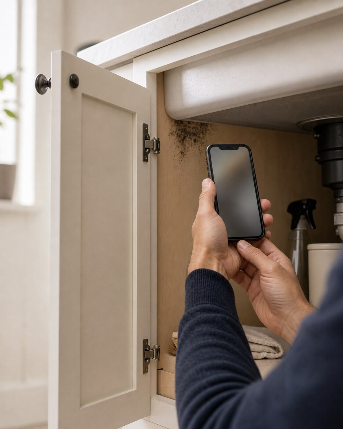 Homeowner photographs a suspicious patch inside a sink cabinet