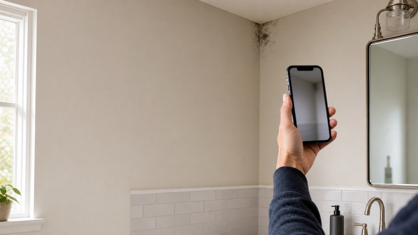 Homeowner photographs a suspicious dark patch in a bathroom corner