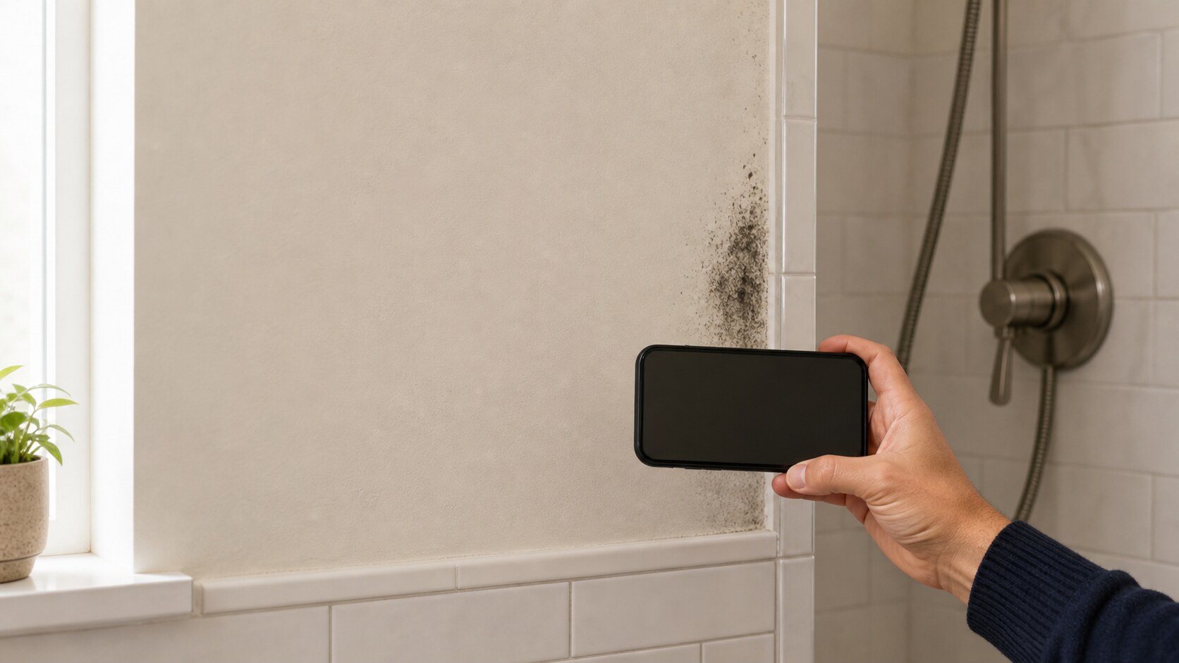 Hand photographs a small dark patch beside a bathroom shower