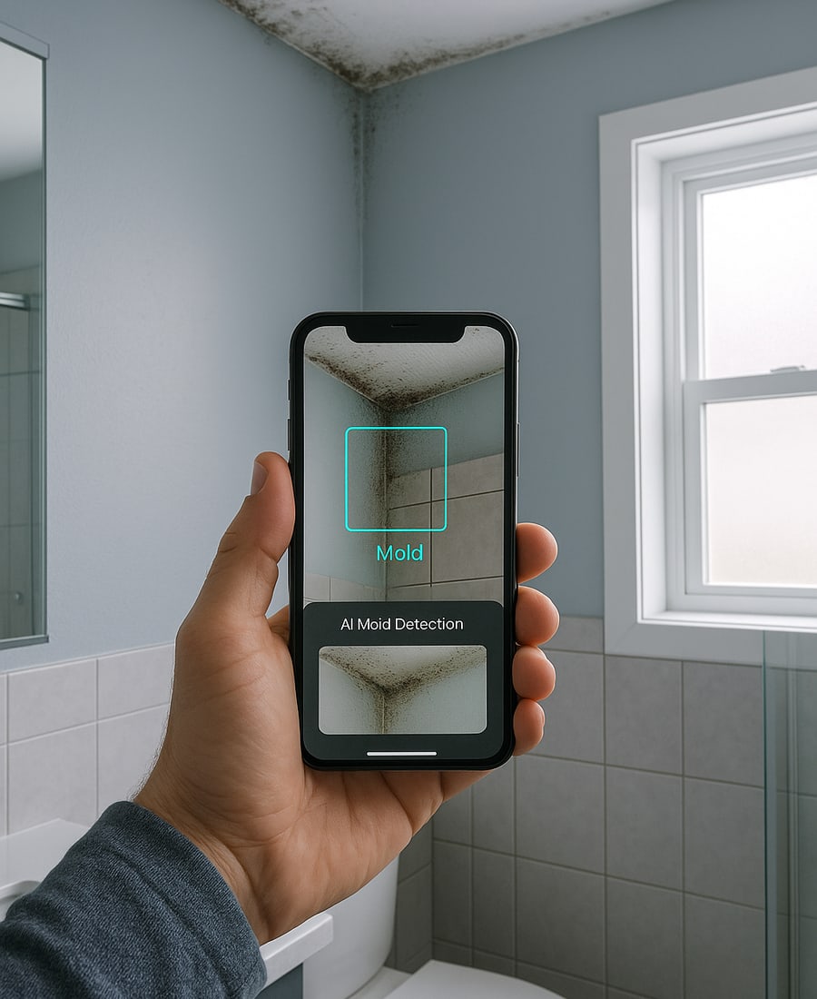 Mobile app interface showing mold risk detection for a bathroom wall corner