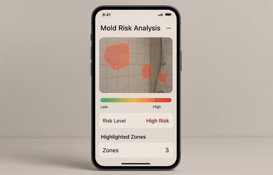 App analysis screen classifying mold likelihood and highlighting affected zones