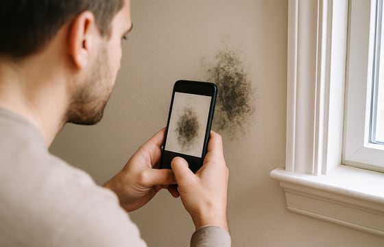 Phone camera framing a suspicious moisture spot near a bathroom ceiling