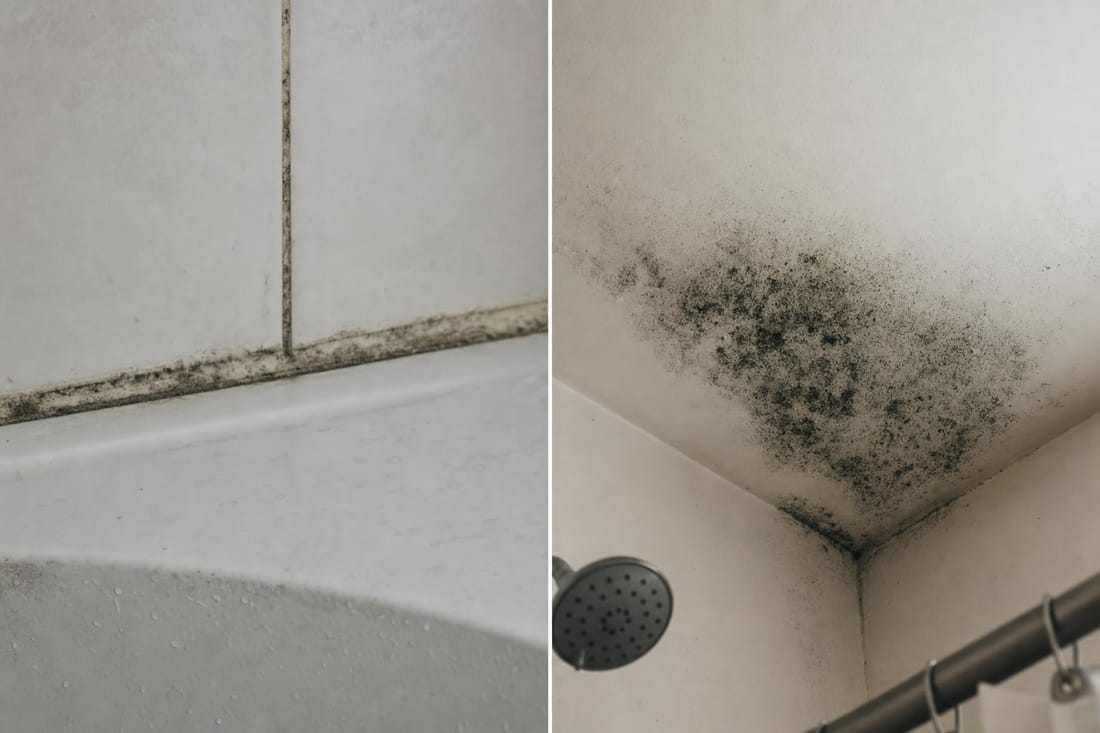Black mold vs mildew in the bathroom: gray mildew along shower grout lines and caulk (left) compared with dark black mold spreading across a bathroom ceiling corner (right)