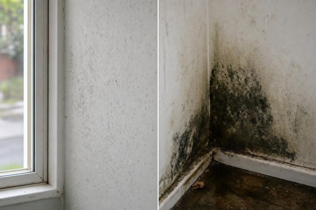 Black mold vs mildew on walls: flat gray mildew speckling on painted drywall near a window (left) compared with a spreading dark black mold patch with a moisture halo (right)