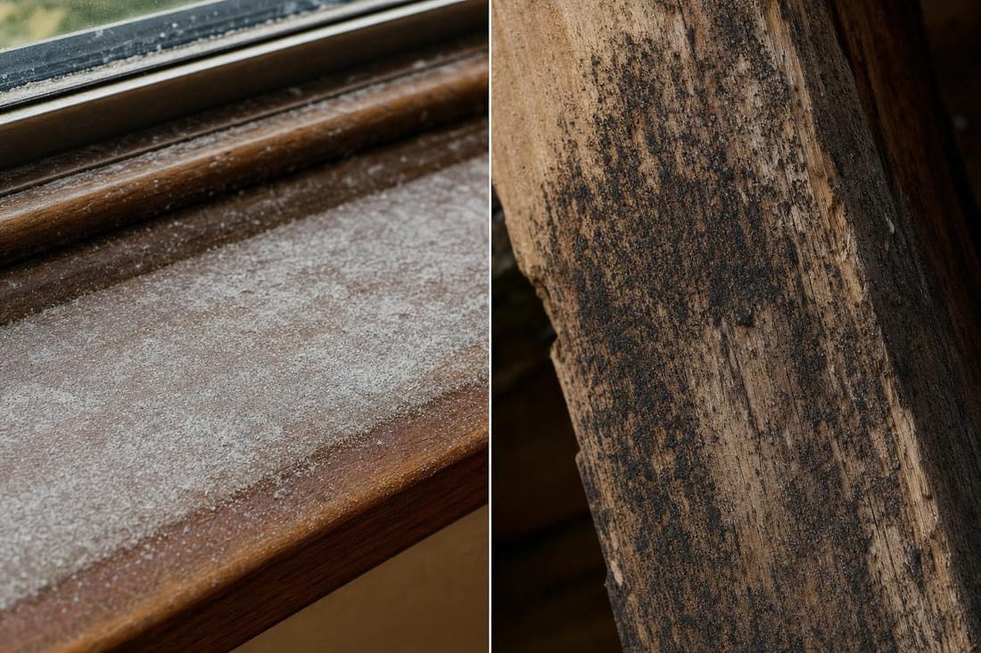 Black mold vs mildew on wood: powdery gray mildew film sitting on a wooden window sill (left) compared with black mold stains soaked into bare wood grain (right)